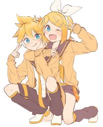 Rule 34 | 1boy, 1girl, arm around neck, black collar, black shorts, blonde hair, blue eyes, bow, brother and sister, cardigan, collar, commentary, crop top, fang, hair bow, hair ornament, hairclip, hands up, headphones, highres, hug, hug from behind, kagamine len, kagamine rin, kneeling, leg warmers, looking at viewer, m0ti, nail polish, neckerchief, necktie, one eye closed, open mouth, orange cardigan, sailor collar, school uniform, shirt, short hair, short ponytail, short shorts, shorts, siblings, smile, spiked hair, squatting, sweater, swept bangs, twins, v, vocaloid, white bow, white footwear, white shirt, yellow nails, yellow neckerchief