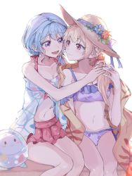 Rule 34 | 10s, 2girls, bang dream!, bikini, blonde hair, blue hair, blush, closed mouth, commentary request, hair ornament, hair ribbon, hat, highres, kyudoli, long hair, looking at another, matsubara kanon, multiple girls, navel, one side up, open mouth, purple eyes, ribbon, shirasagi chisato, smile, swimsuit, white background