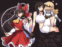 2girls alternate_costume bags_under_eyes black_hair blonde_hair bloomers bow braid censored censored_text detached_sleeves english_text gohei hair_bow hair_down hair_tubes hakurei_reimu highres holding holding_gohei holding_ofuda kirisame_marisa long_hair long_sleeves midriff missandydandy multiple_girls multiple_views neckerchief nontraditional_miko red_bow red_eyes red_shirt red_skirt shirt single_braid skirt sleepwear smile tank_top touhou underwear white_bloomers white_tank_top wide_sleeves yellow_eyes yellow_neckerchief