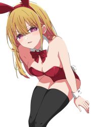 Rule 34 | 1girl, animal ears, bare shoulders, black thighhighs, blonde hair, bow, bowtie, breasts, cleavage, commentary, detached collar, fake animal ears, fake tail, hair between eyes, highres, hoshino ruby, invisible chair, kusana (kusana47454281), large breasts, leotard, long hair, looking at viewer, oshi no ko, parted lips, pink eyes, playboy bunny, rabbit ears, rabbit tail, red bow, red bowtie, red leotard, sidelocks, sitting, solo, star-shaped pupils, star (symbol), strapless, strapless leotard, symbol-shaped pupils, tail, thighhighs, thighs, white wrist cuffs, wrist cuffs