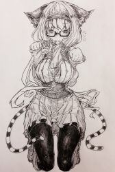 Rule 34 | 1girl, animal ears, between breasts, black pantyhose, breasts, cat, cat ears, cat tail, dress, full body, glasses, greyscale, hair in own mouth, headband, heart, highres, kei (soundcross), kneeling, large breasts, long hair, looking at viewer, monochrome, multiple tails, nekomata, original, pantyhose, semi-rimless eyewear, smile, solo, spoken heart, tail, traditional media, two tails, under-rim eyewear, very long hair