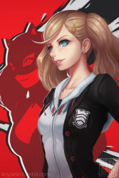 Rule 34 | 10s, 1girl, blonde hair, blue eyes, breasts, earrings, hair ornament, hairclip, jewelry, koyorin, long hair, persona, persona 5, red background, small breasts, solo, takamaki anne, twintails, watermark