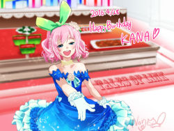 Rule 34 | 1girl, artist name, bare shoulders, blue dress, blue eyes, blush, copyright name, dated, dress, flower, gloves, hair flower, hair ornament, hanon (nonty), happy birthday, jewelry, kana (tales), necklace, open mouth, pink hair, rose, sitting, solo, tales of (series), tales of link, teeth
