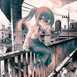 Rule 34 | 1girl, absurdres, after rain, album cover, blush, breasts, building, city, cityscape, closed mouth, collared shirt, commentary request, cover, crosshatching, crosswalk, hade na kangofu, hair between eyes, hatching (texture), highres, lamppost, long hair, long skirt, long sleeves, looking at viewer, monochrome, neck ribbon, on railing, original, outdoors, pleated skirt, power lines, puddle, puffy long sleeves, puffy sleeves, railing, ribbon, road, school uniform, second-party source, sepia, shirt, shirt tucked in, shoes, sitting, skirt, small breasts, sneakers, socks, solo, street, twintails, utility pole, wing collar