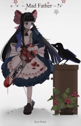 Rule 34 | 1girl, animal, apron, aya drevis, bird, black hair, blue dress, blue eyes, blunt bangs, bow, brown footwear, chainsaw, copyright request, crow, dress, english text, hair bow, highres, holding, holding chainsaw, juliet sleeves, large bow, long hair, long sleeves, looking at animal, mad father, pink bow, plant, potted plant, puffy sleeves, ribbon-trimmed apron, ribbon trim, shoes, socks, solo, standing, togeticisa, white apron, white bow, white socks
