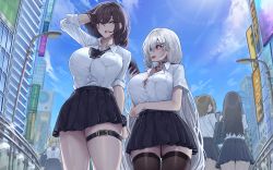 Rule 34 | 5girls, absurdres, bag, bannou ippoutsukou, black hair, blonde hair, blue sky, breasts, brown hair, building, button gap, cellphone, choker, collared shirt, dress shirt, from below, grey hair, hair between eyes, hair ornament, hand in own hair, height difference, highres, holding, holding phone, lamppost, large breasts, long hair, looking to the side, medium hair, mole, mole under eye, multiple girls, nail polish, open mouth, original, phone, pleated skirt, railing, red eyes, red nails, school bag, school uniform, shirt, shirt tucked in, sign, skindentation, skirt, sky, sleeves rolled up, smartphone, tattoo, thigh strap, thighs, twintails, very long hair, white shirt, x hair ornament