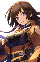 Rule 34 | 1girl, bare shoulders, belt, belt pouch, black gloves, breasts, brown hair, framed breasts, gloves, gradient background, hair ribbon, highres, holding, holding sword, holding weapon, muv-luv: dimensions, kuroi susumu, large breasts, long hair, long sleeves, looking at viewer, muv-luv, muv-luv alternative, muv-luv total eclipse, orange background, parted lips, pouch, puffy long sleeves, puffy sleeves, purple eyes, ribbon, sheath, sheathed, sidelocks, smile, solo, sword, takamura yui, underbust, unzipped, v-shaped eyebrows, very long hair, weapon, white ribbon