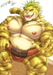 Rule 34 | 1boy, abs, alternate costume, alternate hairstyle, animal ears, bara, bare pectorals, belly, black eyes, blonde hair, bulge, bursting pectorals, colored sclera, fat, fat man, feet out of frame, furry, furry male, green sclera, highres, large pectorals, looking at viewer, macan (housamo), male focus, muscular, muscular male, nipples, open hand, pectorals, short hair, smile, solo, stomach, sumo, thick eyebrows, thick thighs, thighs, tiger boy, tiger ears, tokyo houkago summoners, yellow fur, yuki (m0000rgn)