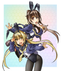 Rule 34 | 2girls, adapted costume, alto-00, animal ears, black legwear, black sailor collar, blue jacket, brown eyes, brown hair, crescent, crescent pin, fake animal ears, fumizuki (kancolle), fumizuki kai ni (kancolle), highres, jacket, kantai collection, leotard, leotard under clothes, long hair, long sleeves, looking at viewer, multiple girls, neckerchief, open mouth, pantyhose, playboy bunny, ponytail, rabbit ears, sailor collar, salute, satsuki (kancolle), satsuki kai ni (kancolle), school uniform, serafuku, shirt, shoes, smile, twintails, white shirt, yellow eyes, yellow neckerchief