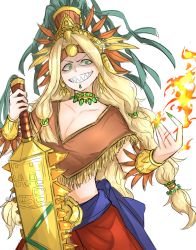 Rule 34 | 1girl, aztec, bad id, bad pixiv id, blonde hair, bracer, breasts, circlet, cleavage, commentary request, earrings, evil grin, evil smile, fate/grand order, fate (series), fingernails, fire, green eyes, green nails, grin, headdress, highres, holding, holding weapon, jewelry, kankan33333, long hair, macuahuitl, midriff, nail polish, necklace, poncho, quetzalcoatl (fate), shaded face, sharp fingernails, sharp teeth, smile, solo, sword, teeth, weapon