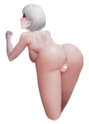 Rule 34 | 1girl, ass, bad id, bad pixiv id, blindfold, blush, breasts, calligraphy brush (medium), censored, cleft of venus, clenched hand, cropped legs, cum, cum in pussy, cumdrip, from behind, heart, heart censor, highres, large breasts, leaning forward, moonlit, nier:automata, nier (series), nude, open mouth, pussy, short hair, silver hair, solo, underboob, white background, 2b (nier:automata)