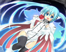 Rule 34 | 1girl, :d, blue eyes, blue hair, candy apple, chain, collar, dodome-iro mayonnaise, food, gloves, long hair, matching hair/eyes, nymph (sora no otoshimono), open mouth, outstretched arm, outstretched hand, smile, solo, sora no otoshimono, thighhighs, twintails, wings