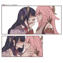 Rule 34 | 2girls, bare shoulders, blush, closed mouth, commentary, english commentary, eye contact, genshin impact, heart, highres, instagram logo, kaoruchihiro, looking at another, mole, mole under eye, multiple girls, nail polish, parted lips, pink hair, pink nails, purple eyes, purple hair, purple nails, raiden shogun, tongue, tongue out, twitter logo, twitter username, yae miko, yuri