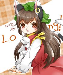 Rule 34 | 1226 waka, 1girl, :d, alternate hair length, alternate hairstyle, animal ear fluff, animal ear piercing, animal ears, bow, bowtie, brown eyes, brown hair, cat ears, cat tail, chen, commentary request, dated, dress, earrings, from side, gold trim, green hat, hair between eyes, happy, hat, highres, jewelry, light blush, long hair, long sleeves, looking at viewer, mob cap, multiple tails, nekomata, open mouth, puffy long sleeves, puffy sleeves, red dress, simple background, single earring, smile, solo, tail, touhou, two tails, very long hair, white background, white bow, white bowtie