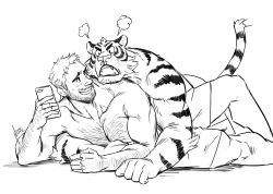 Rule 34 | 2boys, puff of air, anger vein, animal ears, arm hair, bara, beard, chest hair, couple, facial hair, fangs, frown, furry, furry male, furry with non-furry, greyscale, head on another&#039;s shoulder, holding, holding phone, interspecies, large pectorals, looking at another, male focus, mature male, monochrome, multiple boys, muscular, muscular male, nick300, on person, original, pectorals, phone, topless male, short hair, sideburns, sidepec, smile, stubble, tiger boy, tiger ears, yaoi