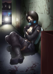 Rule 34 | 1girl, against wall, bag, belt, black eyes, black hair, blood, boots, breasts, capcom, car, christine yamata, cleavage, crossed arms, feet, fingerless gloves, gloves, highres, legs, light, long sleeves, looking at viewer, mask, motor vehicle, outdoors, police, police car, resident evil, resident evil: operation raccoon city, serious, short hair, sitting, small breasts, solo, thighs, thor (deep rising), torn clothes, uniform
