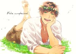 Rule 34 | 1boy, axis powers hetalia, bad id, bad pixiv id, barefoot, brown hair, brown pants, capri pants, closed mouth, collarbone, commentary request, elbow rest, full body, grass, green eyes, hagimorijia, head wreath, highres, looking at viewer, lying, male focus, on stomach, pants, shirt, short hair, simple background, sleeves rolled up, smile, soles, solo, spain (hetalia), spanish text, teeth, translated, white background, white shirt