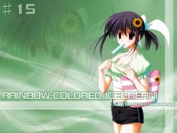 Rule 34 | bag, breasts, cleavage, flower, food, mouth hold, nanao naru, popsicle, shorts, solo, wallpaper