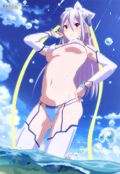 Rule 34 | 10s, 1girl, absurdres, ange vierge, armpits, bikini, blush, breasts, covered erect nipples, day, from below, hair between eyes, hand on own hip, highres, kneeling, long hair, looking at viewer, micro bikini, navel, official art, outdoors, pulling own clothes, purple eyes, purple hair, smile, solo, splashing, stomach, string bikini, swimsuit, takimoto shouko, thighhighs, underboob, water, water drop, white bikini, white thighhighs