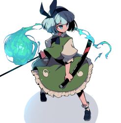 Rule 34 | 1girl, aqua eyes, black footwear, black hairband, closed mouth, frilled skirt, frills, full body, green skirt, green vest, grey hair, hairband, hitodama, hitodama print, holding, holding sheath, holding sword, holding weapon, konpaku youmu, konpaku youmu (ghost), mary janes, puffy short sleeves, puffy sleeves, sheath, shimazaki1152, shirt, shoes, short hair, short sleeves, simple background, skirt, solo, standing, sword, touhou, vest, weapon, white shirt