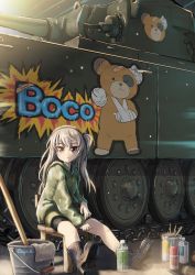 Rule 34 | 1girl, artist name, blush, boko (girls und panzer), boots, bottle, breasts, brown eyes, bucket, caterpillar tracks, centurion (tank), commentary request, day, girls und panzer, highres, hood, hoodie, kuroneko douji, light brown hair, long hair, military, military vehicle, motor vehicle, one side up, open mouth, shimada arisu, shorts, sitting, small breasts, solo, spray can, sunlight, tank