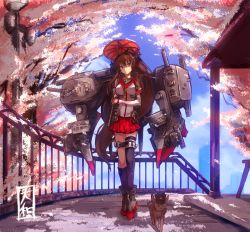 Rule 34 | 10s, 1girl, ankle boots, black thighhighs, blush, boots, breasts, brown eyes, brown hair, cat, cherry blossoms, detached sleeves, flower, hair flower, hair ornament, kantai collection, large breasts, long hair, looking at viewer, miniskirt, oil-paper umbrella, personification, ponytail, single thighhigh, skirt, smile, solo, thighhighs, umbrella, usugiri bacon, very long hair, yamato (kancolle)