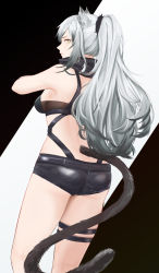 Rule 34 | 1girl, animal ears, arknights, ass, bare shoulders, black shorts, breasts, cat ears, cat tail, commentary request, cowboy shot, from behind, highres, long hair, looking at viewer, looking back, medium breasts, midriff, olin (nienxddd), partial commentary, schwarz (arknights), short shorts, shorts, silver hair, solo, standing, tail, thigh strap, thighs, very long hair