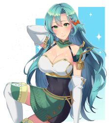 Rule 34 | 1girl, aqua hair, arm behind head, armor, bare shoulders, braid, breasts, chloe (fire emblem), cleavage, commentary request, covered navel, earrings, elbow gloves, feet out of frame, fire emblem, fire emblem engage, gloves, green eyes, hair ribbon, halterneck, highres, jewelry, large breasts, lilshironeko, long hair, looking at viewer, nintendo, pauldrons, ribbon, shoulder armor, single braid, sitting, skirt, smile, solo, thighhighs, thighs, white gloves, white thighhighs
