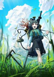 Rule 34 | 1girl, :d, absurdres, animal ears, bag, black skirt, blast-7, blue sky, capelet, cloud, commentary request, cumulonimbus cloud, dowsing rod, dutch angle, full body, grass, green capelet, grey hair, highres, holding, jewelry, long sleeves, looking at viewer, medium hair, mouse (animal), mouse ears, mouse girl, mouse on head, mouse tail, nazrin, open mouth, outdoors, pendant, red eyes, shirt, skirt, sky, smile, solo, sword, tail, touhou, weapon, weapon on back, white shirt