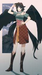 Rule 34 | 1girl, adjusting clothes, adjusting headwear, bare shoulders, black hair, black wings, blue scarf, blue shirt, boots, brown footwear, brown hat, commentary, cowboy hat, feathered wings, full body, hand on own hip, hat, highres, irohasu (sasagarasu), kurokoma saki, long hair, long legs, looking at viewer, off-shoulder shirt, off shoulder, orange eyes, patchwork clothes, plaid, plaid skirt, puffy short sleeves, puffy sleeves, red skirt, scarf, shirt, short sleeves, skirt, smile, solo, standing, touhou, very long hair, wings