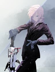 Rule 34 | 1girl, black gloves, blue eyes, breasts, closed mouth, cofffee, final fantasy, final fantasy xiii, formal, gloves, highres, holding, holding sword, holding weapon, lightning farron, long hair, looking at viewer, medium breasts, pant suit, pants, pink hair, solo, suit, sword, weapon