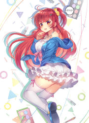 Rule 34 | 1girl, ass, blue footwear, blue jacket, breasts, capura lin, commentary request, dress, feet out of frame, frilled dress, frills, hair ornament, hair scrunchie, hand up, highres, hood, hood down, hooded jacket, jacket, long hair, long sleeves, medium breasts, off shoulder, one side up, open clothes, open jacket, open mouth, original, red eyes, red hair, scrunchie, shoe soles, shoes, sleeves past wrists, solo, spoken blush, thighhighs, very long hair, white background, white dress, white thighhighs, yellow scrunchie