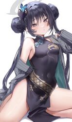 Rule 34 | 1girl, absurdres, black dress, black hair, blue archive, breasts, butterfly hair ornament, china dress, chinese clothes, closed mouth, commentary, covered navel, double bun, dragon print, dress, grey jacket, hair between eyes, hair bun, hair ornament, halo, highres, jacket, jjamu, kisaki (blue archive), long hair, long sleeves, looking at viewer, medium breasts, navel, pelvic curtain, print dress, simple background, sitting, sleeveless, sleeveless dress, striped clothes, striped jacket, thighs, twintails, vertical-striped clothes, vertical-striped jacket, white background