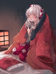 Rule 34 | 1girl, blush, bow, closed eyes, collared shirt, commentary request, eyelashes, floral print, fujiwara no mokou, full body, futon, grey shirt, grey sleeves, hair bow, haori, highres, indoors, jacket, jacket on shoulders, japanese clothes, kneeling, long hair, long sleeves, mokoiscat, motion lines, ofuda, ofuda on clothes, pants, parted lips, pillow, puffy long sleeves, puffy pants, puffy sleeves, red jacket, red pants, red trim, shirt, squeans, sleepy, solo, touhou, white bow, white hair