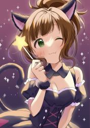 Rule 34 | 1girl, ;3, animal ears, black dress, blush, breasts, brown hair, cat ears, cat tail, cleavage, cross-laced clothes, detached collar, detached sleeves, dress, fang, gradient background, highres, idolmaster, idolmaster cinderella girls, looking at viewer, maekawa miku, minase karin, one eye closed, ponytail, skin fang, solo, sparkle print, star (symbol), stick, tail, upper body