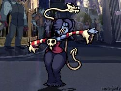 Rule 34 | 1girl, city, detached sleeves, dress, highres, leviathan (skullgirls), open mouth, outstretched arm, pixel art, reelbigcity, skullgirls, smile, squigly (skullgirls), stitched mouth, stitches, striped sleeves, tagme, thick thighs, thighs, wide hips, zombie
