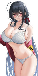 Rule 34 | 1girl, :q, absurdres, azur lane, bare shoulders, black hair, blush, bow, bow panties, bra, breasts, cleavage, crossed bangs, floral print, fujioni, glasses, highres, jacket, large breasts, long hair, looking at viewer, navel, off shoulder, panties, red eyes, red jacket, sideboob, simple background, smile, solo, taihou (azur lane), taihou (sweet time after school) (azur lane), thighs, tongue, tongue out, underwear, white background, white bra, white panties