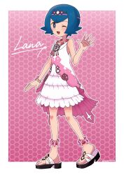 Rule 34 | 1girl, ;d, blue eyes, blue hair, blush, border, bracelet, bright pupils, character name, commentary, creatures (company), dress, full body, game freak, hairband, hand up, highres, jewelry, knees, lana (pokemon), lana (sygna suit) (pokemon), looking at viewer, mizu majuu (waterman10), nintendo, official alternate costume, one eye closed, open mouth, outline, pink background, pokemon, pokemon masters ex, short hair, smile, solo, standing, symbol-only commentary, toes, twitter username, watermark, white border, white dress, white pupils
