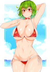 Rule 34 | 1girl, absurdres, areola slip, arm behind head, arm up, armpits, bare arms, bare shoulders, bikini, blue sky, blush, border, breasts, choker, cleavage, closed mouth, cloud, collarbone, commentary request, covered erect nipples, cowboy shot, curvy, day, earrings, green hair, hair between eyes, heart, heart-shaped pupils, highres, jewelry, kazami yuuka, large breasts, looking at viewer, micro bikini, motion lines, navel, ocean, outdoors, outside border, red bikini, red choker, red eyes, roki (hirokix), shiny skin, short hair, side-tie bikini bottom, sky, solo, standing, stomach, strap pull, string bikini, swimsuit, symbol-shaped pupils, touhou, v-shaped eyebrows, wet, white border