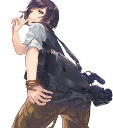 Rule 34 | 1girl, ass, bracelet, brown eyes, camera lens, from below, jewelry, looking at viewer, looking back, original, product placement, short hair, simple background, smile, solo, sony, tv camera, v, vest, white background, yomo (majidon)