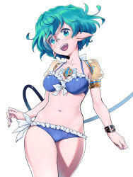 Rule 34 | 1girl, :d, bikini, blue bikini, bracelet, cowboy shot, fingernails, glasses, green eyes, green hair, halterneck, highres, jewelry, looking at viewer, messy hair, nail polish, natto soup, navel, nintendo, open mouth, pandoria (xenoblade), pink nails, pointy ears, round eyewear, short hair, simple background, smile, solo, swimsuit, tail, white background, xenoblade chronicles (series), xenoblade chronicles 2