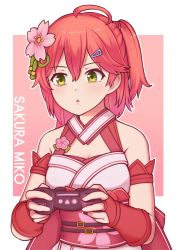 Rule 34 | 1girl, ahoge, armband, bare shoulders, belt, belt buckle, breasts, brooch, buckle, character name, cherry blossom print, cherry blossoms, cleavage, cleavage cutout, clothing cutout, controller, detached sleeves, floral print, flower, game controller, green eyes, hair between eyes, hair flower, hair ornament, hairclip, highres, holding, holding controller, holding game controller, hololive, jacy, jewelry, medium hair, nontraditional miko, one side up, open mouth, pink background, pink hair, sakura miko, sakura miko (old design), simple background, solo, triangle mouth, upper body, virtual youtuber