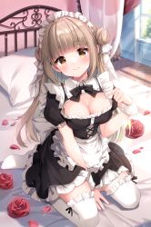 Rule 34 | 1girl, apron, bed, black bow, black dress, bow, breasts, brown eyes, brown hair, cleavage, closed mouth, collared dress, commentary request, curtains, day, double bun, dress, flower, frilled apron, frilled dress, frilled thighhighs, frills, hair bun, hand up, highres, indoors, irori, maid, maid headdress, medium breasts, on bed, original, petals, pillow, puffy short sleeves, puffy sleeves, red flower, red rose, rose, rose petals, short sleeves, smile, solo, sunlight, thighhighs, white apron, white wrist cuffs, window, wrist cuffs