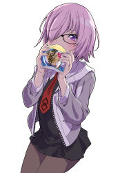 Rule 34 | 1girl, absurdres, black-framed eyewear, black dress, black pantyhose, collared dress, commentary request, cowboy shot, dress, eating, fate/grand order, fate (series), food, glasses, grey background, hair over one eye, highres, holding, holding food, jacket, looking at viewer, mash kyrielight, necktie, open clothes, open jacket, pantyhose, pleated dress, purple eyes, purple hair, red necktie, short dress, short hair, simple background, solo, standing, white background, yamashita shun&#039;ya