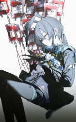 Rule 34 | 1girl, absurdres, amiya (arknights), animal ears, arknights, bandaid, bandaid on face, bandaid on hand, black jacket, black pantyhose, blood, blood bag, blood type, blue flower, bouquet, closed eyes, commentary, english commentary, feet out of frame, flower, grey hair, highres, holding, holding bouquet, hood, hood down, hooded jacket, intravenous drip, jacket, jewelry, long hair, long sleeves, multiple rings, open clothes, open jacket, pantyhose, parted lips, pink flower, qtian, rabbit ears, ring, solo, sweater, white flower, white sweater