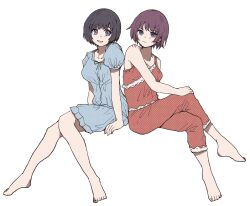 Rule 34 | 2girls, alternate costume, barefoot, black hair, blue eyes, breasts, collarbone, commentary request, crossed legs, hair ornament, hairclip, hand on own knee, hanekawa tsubasa, highres, invisible chair, knees together feet apart, large breasts, legs, looking at viewer, medium breasts, monogatari (series), multiple girls, open mouth, pajamas, puffy short sleeves, puffy sleeves, purple eyes, purple hair, senjougahara hitagi, short hair, short sleeves, sidelocks, simple background, sitting, sleeveless, smile, toenails, toes, valhalla0707, white background