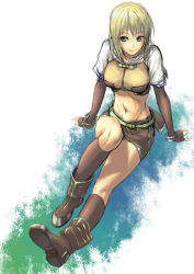 Rule 34 | 1girl, blue eyes, boots, bracelet, brown footwear, brown gloves, brown shirt, brown shorts, brown skirt, brown socks, closed mouth, commentary request, crop top, cuboon, elbow gloves, fingerless gloves, full body, gloves, hunter (ragnarok online), jacket, jewelry, kneehighs, looking at viewer, medium hair, midriff, miniskirt, navel, ragnarok online, shirt, short shorts, short sleeves, shorts, shorts under skirt, skirt, smile, socks, solo, standing, white background, white jacket, wristband