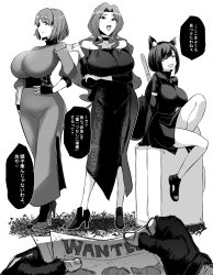 Rule 34 | 3girls, animal ears, arm under breasts, before and after, book, breasts, cat ears, dress, earrings, elbow gloves, fingerless gloves, gloves, greyscale, high heels, highres, instant loss, jewelry, large breasts, long hair, looking at viewer, monochrome, multiple girls, original, rebake, short hair, translation request, wanted
