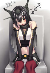Rule 34 | 10s, 1girl, bare shoulders, black gloves, black hair, blush, breasts, character name, dated, drooling, elbow gloves, gloves, h kasei, hair between eyes, headgear, kantai collection, nagato (kancolle), navel, red thighhighs, saliva, sitting, skirt, sleeping, small breasts, solo, thighhighs, zzz
