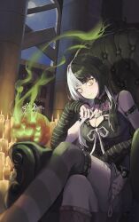 Rule 34 | 1girl, absurdres, arm warmers, asymmetrical legwear, black hair, breasts, candle, chair, cleavage, crossed legs, dotthebot, full moon, grey hair, highres, hololive, hololive english, jack-o&#039;-lantern, jewelry, large breasts, mismatched legwear, moon, night, ring, shiori novella, shiori novella (1st costume), sitting, striped clothes, striped thighhighs, thighhighs, virtual youtuber, yellow eyes